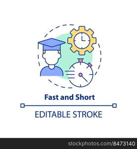 Fast and short concept icon. Principle of microlearning abstract idea thin line illustration. Bite-sized learning. Isolated outline drawing. Editable stroke. Arial, Myriad Pro-Bold fonts used. Fast and short concept icon