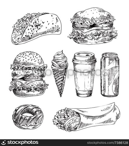Fast appetizers set isolated on white backdrop, meat burrito and taco near huge fresh hamburger, donut and soft drink, coffee cup vector illustration. Fast Appetizers Set Isolated on White Backdrop