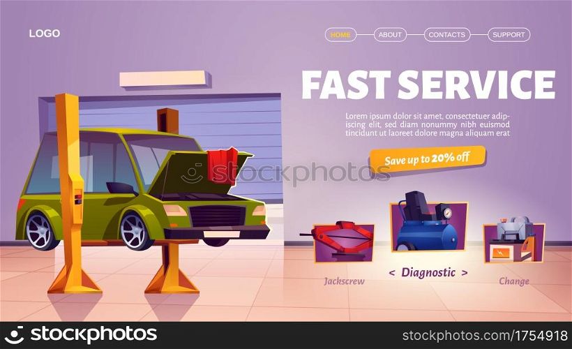Fast car service banner. Auto maintenance, diagnostic and repair center. Vector landing page with cartoon interior of mechanic garage, vehicle workshop with car on lift. Fast car service banner, auto maintenance
