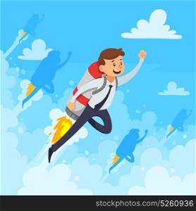 Fast Career Design Concept. Fast career design concept with businessman and flying rocket white clouds smoke on blue background vector illustration