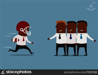Fast cartoon businessman in rugby helmet with ball rushes to the goal through defense of his opponents. Business confrontation or achievement concept design. Fast cartoon businessman rushes to the goal