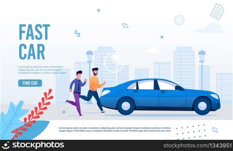 Fast City Transportation Service Webpage Banner. Taxi Landing Page Flat Design. Cartoon Men Running after Modern Eco-Friendly Automobile. Booking Online, Carsharing Promotion. Vector Illustration. Fast City Transportation Service Webpage Banner