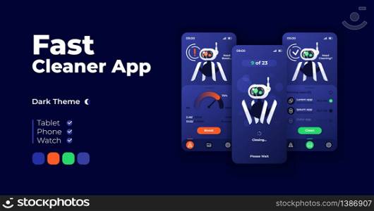 Fast cleaner app cartoon smartphone interface vector templates set. Mobile app screen page night mode design. Gadget memory management panel UI for application. Phone display with mascot robot. Fast cleaner app cartoon smartphone interface vector templates set