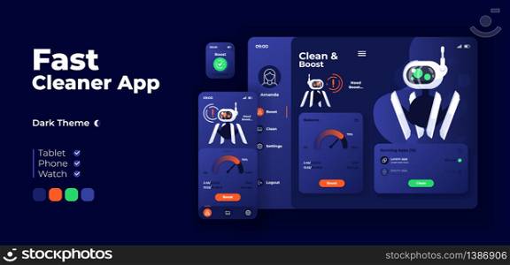 Fast cleaner app screen vector adaptive design template. Productivity optimization application night mode interface with flat character. Memory boost smartphone, tablet, smart watch cartoon UI. Fast cleaner app screen vector adaptive design template