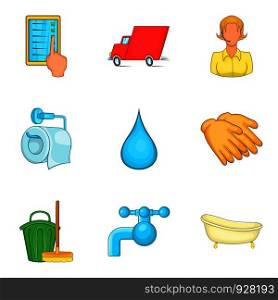 Fast cleaning service icon set. Cartoon set of 9 fast cleaning service vector icons for web design isolated on white background. Fast cleaning service icon set, cartoon style