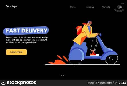 Fast delivery banner with courier on motorcycle. Vector night mode of landing page of express delivery service with flat illustration of person with backpack on scooter. Fast delivery banner with courier on motorcycle