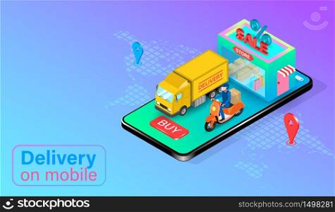 Fast delivery by scooter and truck on mobile phone. Online food order and package in E-commerce by app. isometric flat design. Vector illustration