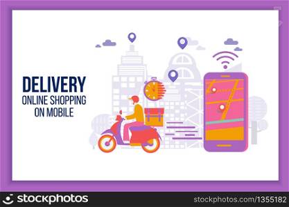 Fast delivery by scooter on mobile.Delivery man flat vector cartoon character restaurant food service.Online food order infographic. Webpage, app design.Isolated vector.