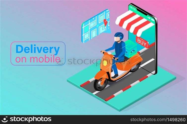 Fast delivery by scooter on mobile phone. Online food order and package in E-commerce by app. isometric flat design. Vector illustration