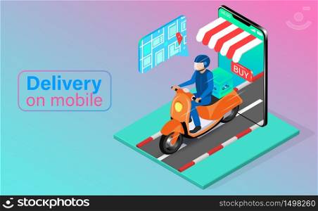 Fast delivery by scooter on mobile phone. Online food order and package in E-commerce by app. isometric flat design. Vector illustration