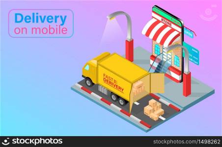 Fast delivery by truck on mobile phone. Online food order and package in E-commerce by app. isometric flat design. Vector illustration