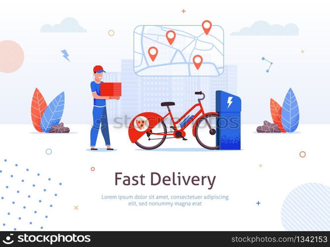 Fast Delivery. Cartoon Man with Pizza Box Electric Bike Charging Vector Illustration. Food Pizzeria Restaurant Order Online. Eco Express Delivery Ecological Transport. Internet Service. Fast Delivery Man Pizza Box Electric Bike Charging