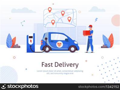 Fast Delivery. Cartoon Man with Pizza Box Electric Car Charging Vector Illustration. Food Pizzeria Restaurant Eco Shipping Service. Courier on Ecological Automobile. Internet Online Order App. Fast Delivery. Man Pizza Box Electric Car Charging