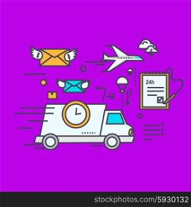 Fast delivery concept icon flat design. Service business transportation, cargo and courier, transport and distribution, logistic mail, receive envelope, send and time illustration