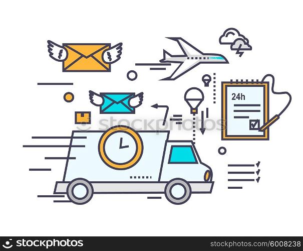 Fast delivery concept icon flat design. Service business transportation, cargo and courier, transport and distribution, logistic mail, receive envelope, send and time. Thin, line, outline icons