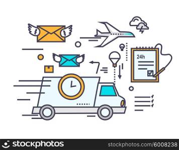 Fast delivery concept icon flat design. Service business transportation, cargo and courier, transport and distribution, logistic mail, receive envelope, send and time. Thin, line, outline icons