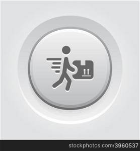 Fast Delivery Icon. Fast Delivery Icon with Man and Box. Grey Button Design