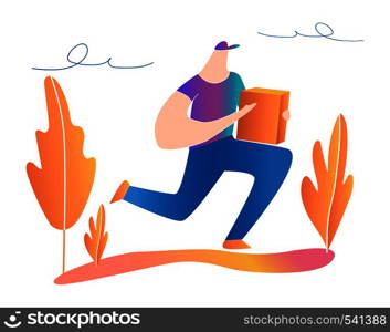 Fast delivery. Man runs with a box in his hands. Modern Vector flat illustration.. Fast delivery. Man runs with a box in his hands.
