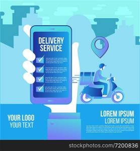 Fast delivery online app by scooter on smartphone.Delivery man flat vector cartoon futuristic character restaurant food service.Online food order infographic.Webpage, app design.