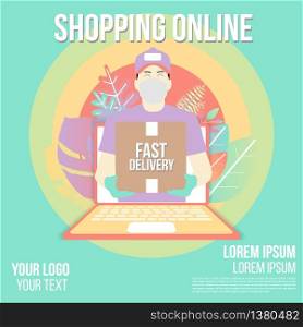 Fast delivery online shopping app by man with mask on laptop.Delivery man flat vector cartoon futuristic character restaurant food service.Online food order infographic.Webpage, app design.