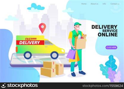 Fast Delivery service design concept for mobile app. Online Delivery Service flat design banner illustration concept for digital marketing.