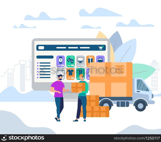Fast Delivery Service. Man Worker Giving Parcel Box to Happy Young Guy Recipient Stand on Huge Monitor with Online Shopping Application at Screen Background. Van Car. Cartoon Flat Vector Illustration.. Man Worker Giving Parcel Box to Young Recipient