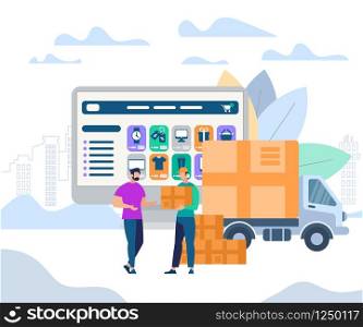 Fast Delivery Service. Man Worker Giving Parcel Box to Happy Young Guy Recipient Stand on Huge Monitor with Online Shopping Application at Screen Background. Van Car. Cartoon Flat Vector Illustration.. Man Worker Giving Parcel Box to Young Recipient
