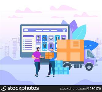 Fast Delivery Service. Man Worker Giving Parcel Box to Happy Young Guy Recipient Stand on Big Monitor with Online Store Application at Screen Background. Van Car. Cartoon Flat Vector Illustration.. Man Worker Giving Parcel Box to Happy Young Guy