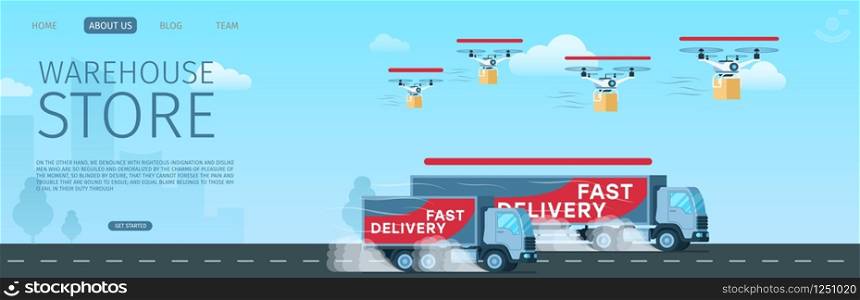 Fast Delivery Transportation of Cargo Package. Flying Drone Delivering Box. Express Shipping Grey Truck with Title on Side. Warehouse Store Service. Flat Cartoon Vector Illustration. Fast Delivery Transportation of Cargo Package