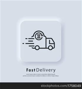 Fast delivery truck icon. Express delivery logo. Vector. UI icon. Distribution service, express transportation. Food delivery. Neumorphic UI UX white user interface web button. Neumorphism style.