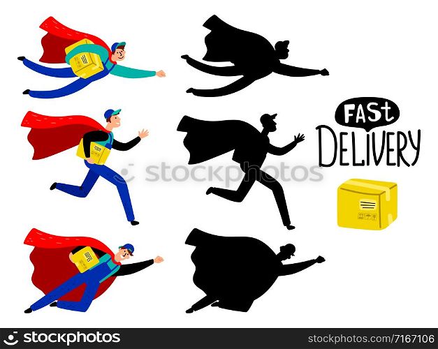Fast delivery vector illustration. Young delivery boy with box looks like superhero. Fast delivery superhero boy