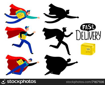 Fast delivery vector illustration. Young delivery boy with box looks like superhero. Fast delivery superhero boy