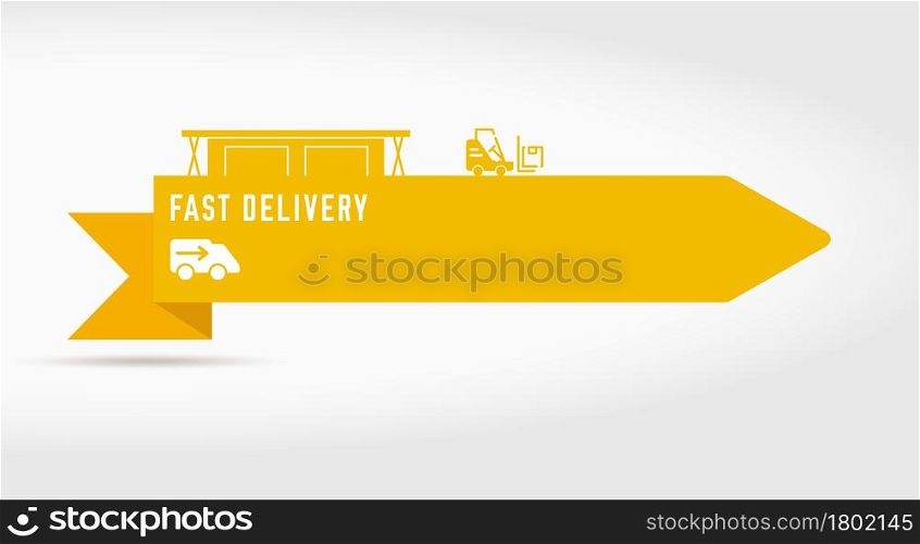 Fast delivery. Warehouse, forklift, delivery van. Paper cut ribbon banner. Flat vector illustration isolated on white background.. Fast delivery. Paper cut ribbon banner. Flat vector illustration isolated on white
