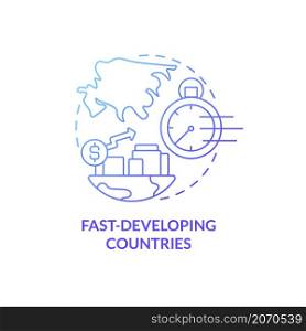 Fast-developing countries blue gradient concept icon. Rapid urbanization abstract idea thin line illustration. High-growth economy. Isolated outline drawing. Roboto-Medium, Myriad Pro-Bold fonts used. Fast-developing countries blue gradient concept icon