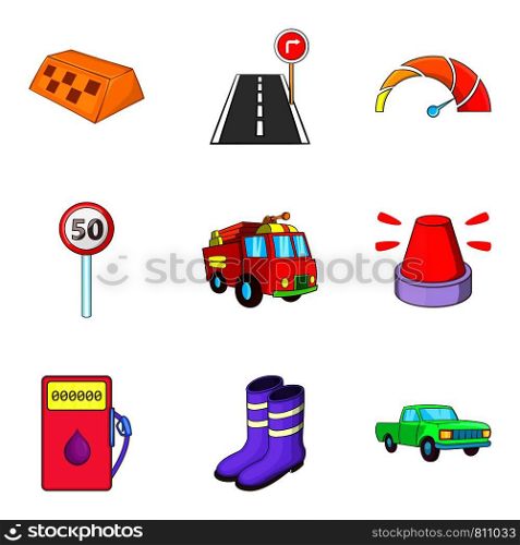 Fast driving icons set. Cartoon set of 9 fast driving vector icons for web isolated on white background. Fast driving icons set, cartoon style