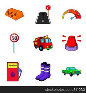 Fast driving icons set. Cartoon set of 9 fast driving vector icons for web isolated on white background. Fast driving icons set, cartoon style