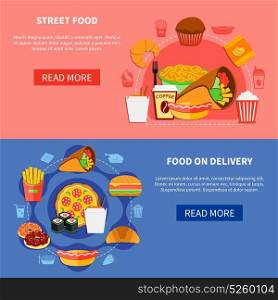 Fast Food 2 Flat Banners Webpage . Street food on delivery online order 2 flat banners with deserts coffee pizza burgers isolated vector illustration