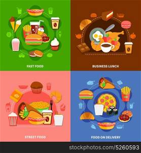 Fast Food 4 Flat Icons Square . Fast food chains service 4 flat icons square with online orders and business lunch isolated vector illustration