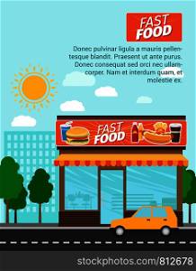 Fast food advertising banner with shop building and landscape. Vector illustration. Fast food shop advertising banner