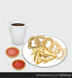 Fast Food, An Illustration of A Golden Pile of French Fries and Onion Ring with Take Away Coffee