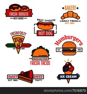 Fast food and bakery design elements with colorful thin line icons of cheeseburger, pizza, corn taco, hot dog, cake, donut, croissant and ice cream, supplemented by plain banners. Thin linear symbols for fast food or bakery design