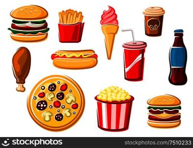 Fast food and beverage icons with french fries, italian pizza, hamburger, cheeseburger, ice cream, soda, chicken, hot dog, coffee cup and popcorn box. For takeaway delivery or cafe design usage, isolated on white. Fast food and beverage icons