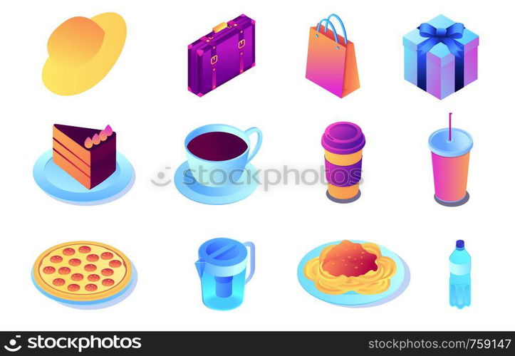 Fast food and drink, desert and shopping isometric 3D illustration set. Hat and suitcase, shopping bag and gift box, lunch and quickly served food concept. Isolated on white background.. Fast food and drink, shopping isometric 3D illustration set.