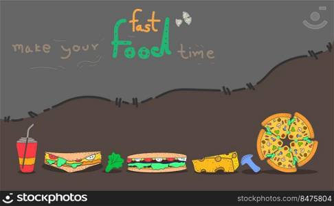 fast food and drink. flat pastel color design vintage style. vector illustration eps10