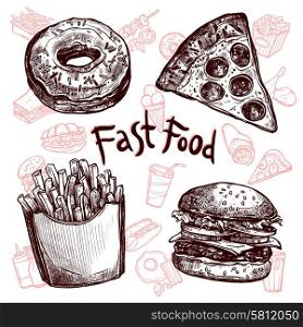 Fast food and drinks sketch set. A lot of fast food and drinks sketch set vector illustration