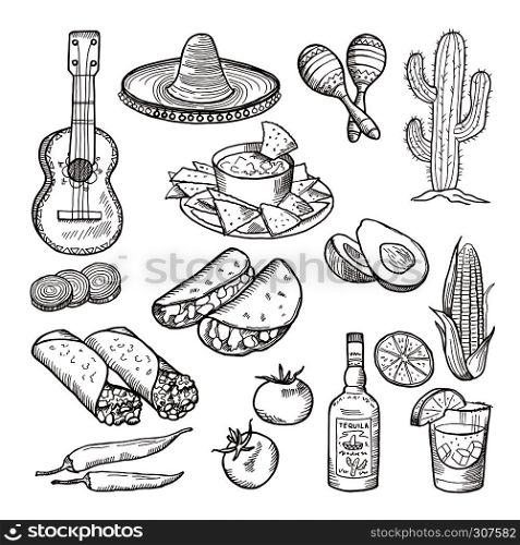 Fast food and other mexican culture elements. Sombrero, guitar, tequila and tacos. Vector hand drawn set. Culture mexican, illustration of tequila and guitar. Fast food and other mexican culture elements. Sombrero, guitar, tequila and tacos. Vector hand drawn set
