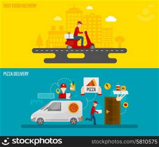 Fast food and pizza delivery by courier to the door horizontal banners set flat isolated vector illustration . Fast food and pizza delivery banners