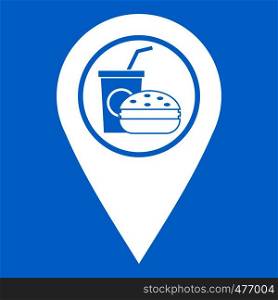 Fast food and restaurant map pointer icon white isolated on blue background vector illustration. Fast food and restaurant map pointer icon white