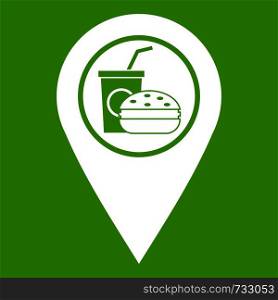 Fast food and restaurant map pointer icon white isolated on green background. Vector illustration. Fast food and restaurant map pointer icon green