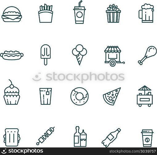 Fast food and snack thin line vector icons set. Fast food and snack thin line vector icons set. Pizza and hamburger, coffee with sandwich, and hot dog illustration